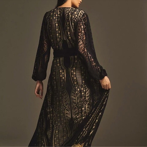 Farm Rio Anthropologie Medium Devore Fringed Maxi Dress Crochet Lace Black - Picture 7 of 15